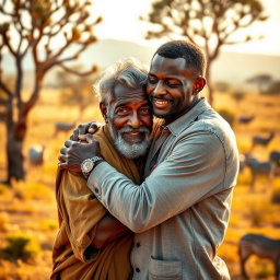 A heartfelt scene of an elderly African man embracing his adult son in a picturesque African setting