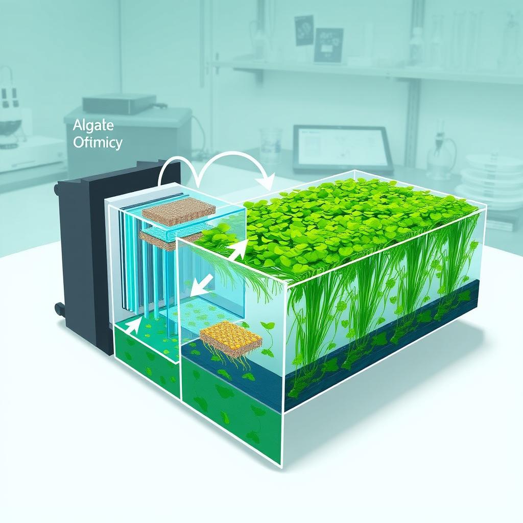 A detailed diagram showcasing the optimization of hybrid microbial fuel cells (MFC) coupled with an algal bioreactor