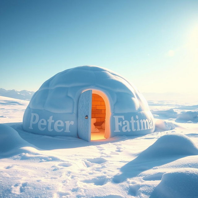 An artistic depiction of a cozy igloo with the names "Peter" and "Fatima" beautifully carved into the icy surface