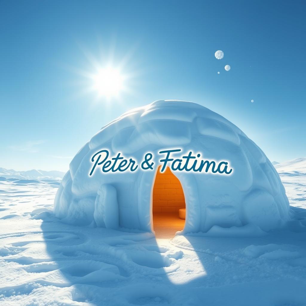 An artistic depiction of a cozy igloo with the names "Peter" and "Fatima" beautifully carved into the icy surface