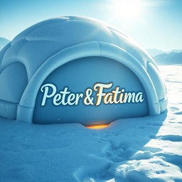 An artistic depiction of a cozy igloo with the names "Peter" and "Fatima" beautifully carved into the icy surface