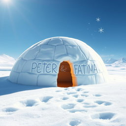 An artistic depiction of a cozy igloo with the names "Peter" and "Fatima" beautifully carved into the icy surface