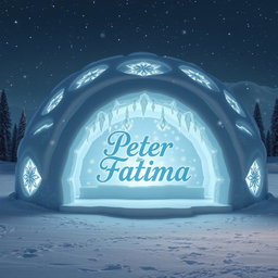 A large and beautifully crafted igloo, intricately designed with lovely ice patterns and soft glowing lights emanating from within