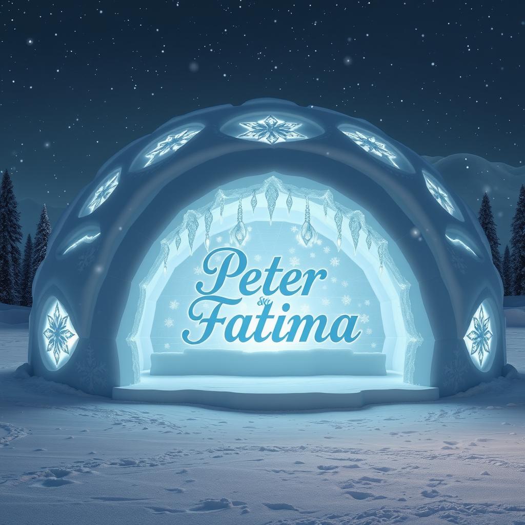A large and beautifully crafted igloo, intricately designed with lovely ice patterns and soft glowing lights emanating from within