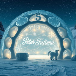 A large and beautifully crafted igloo, intricately designed with lovely ice patterns and soft glowing lights emanating from within