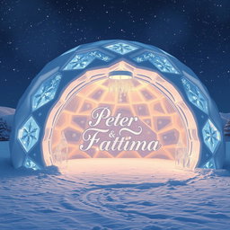 A large and beautifully crafted igloo, intricately designed with lovely ice patterns and soft glowing lights emanating from within