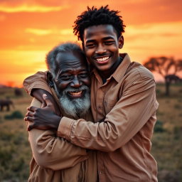 A warm scene of an elderly African man embracing his adult son in a serene African landscape
