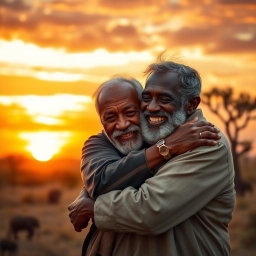 A warm scene of an elderly African man embracing his adult son in a serene African landscape