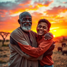 A warm scene of an elderly African man embracing his adult son in a serene African landscape