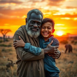 A warm scene of an elderly African man embracing his adult son in a serene African landscape