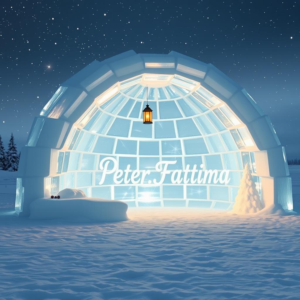 A large, beautifully designed igloo in a snowy landscape, intricately built with clear ice blocks
