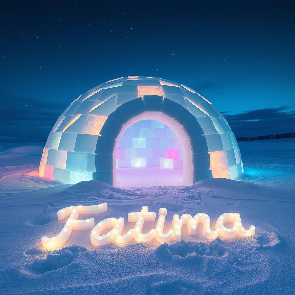 A beautiful, intricately designed igloo made out of ice bricks, illuminated from within by colorful, soft glowing lights