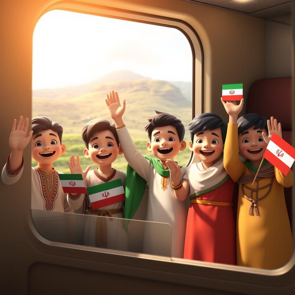 A delightful 3D scene depicting six boys, each dressed in traditional clothing representing different Iranian ethnic groups, waving joyfully from a train window