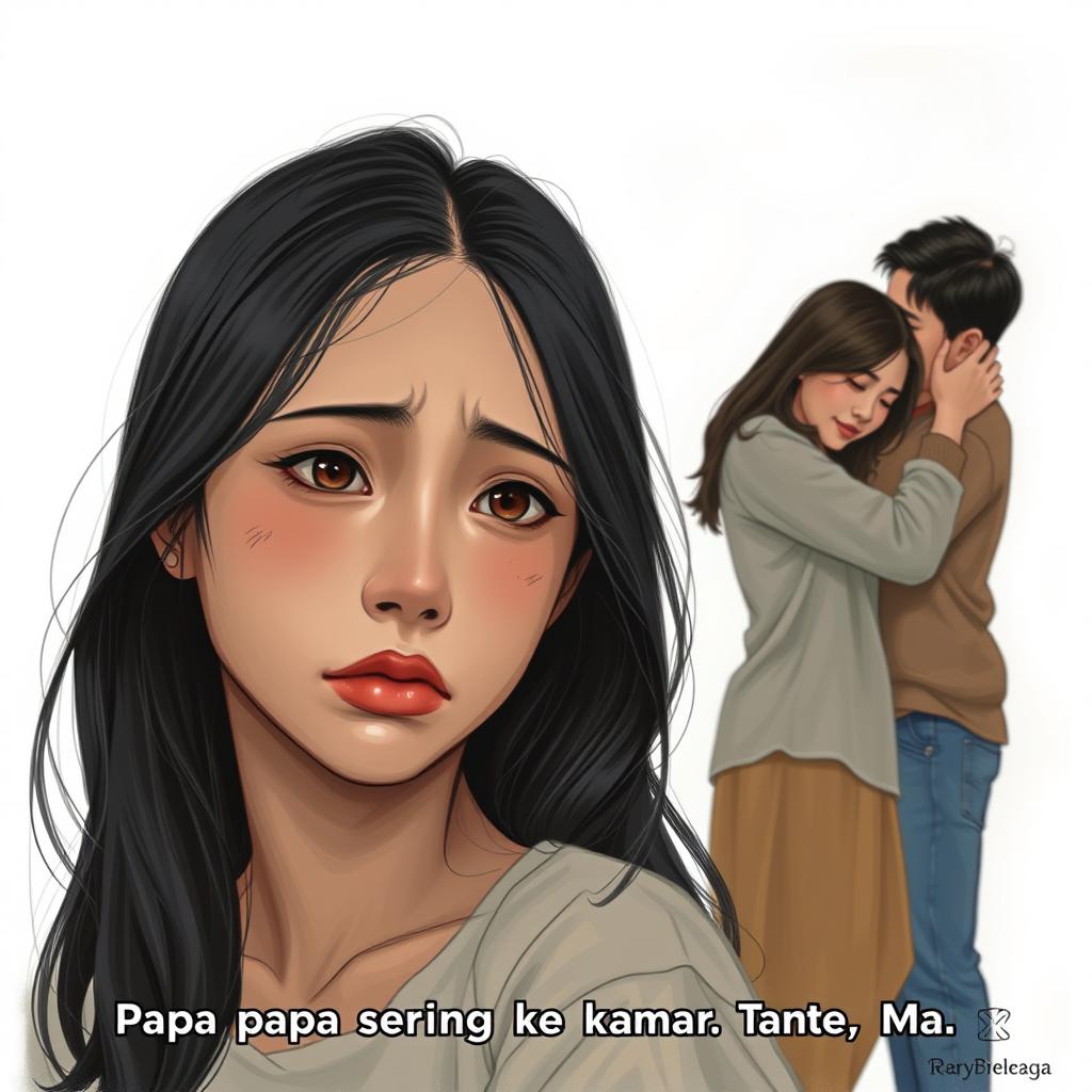 A young woman with a sad expression on her face, depicted in a detailed, emotional manner, with a couple embracing affectionately in the background