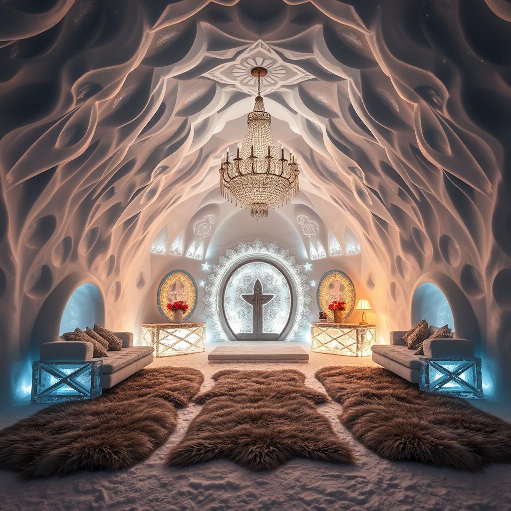 a stunning luxury igloo named 'Fatima', designed with intricate ice carvings and elegant ice chandeliers hanging from the ceiling, plush fur rugs covering the floor, and beautiful atmospheric lighting that reflects off the ice walls, surrounded by a serene snowy landscape with twinkling stars in the night sky