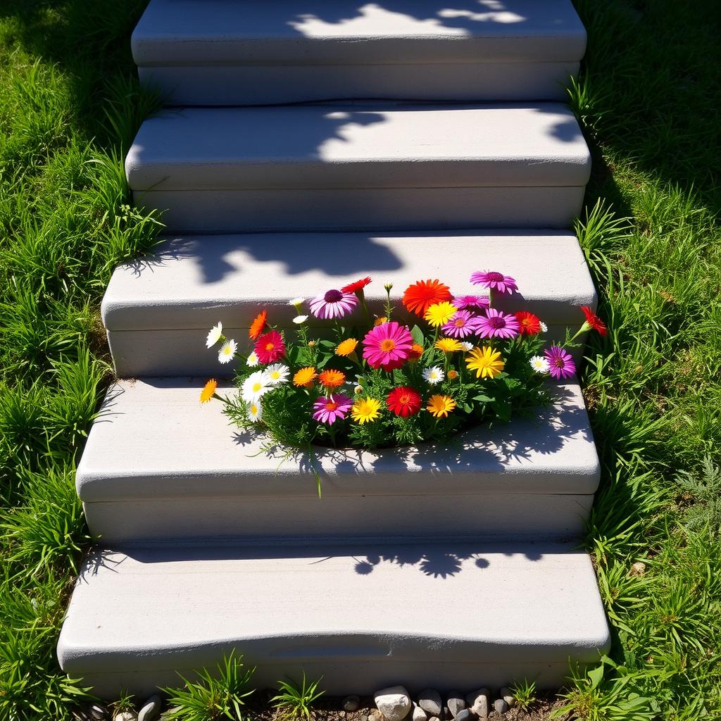 A charming small flower bed filled with colorful flowers, such as daisies and marigolds, positioned on the side of four neatly positioned stone steps