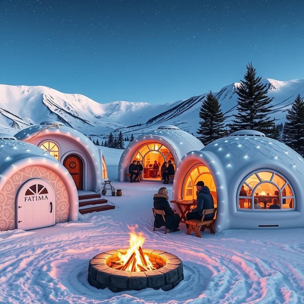 A picturesque igloo resort named 'Fatima', set in a stunning snowy landscape