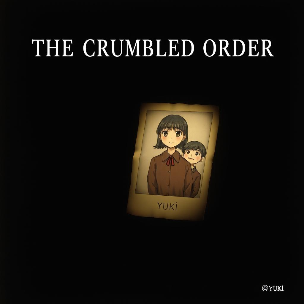 A book cover for 'THE CRUMBLED ORDER' by Yuki, depicting a completely dark room with only an old, faded photograph glowing softly in the dim light