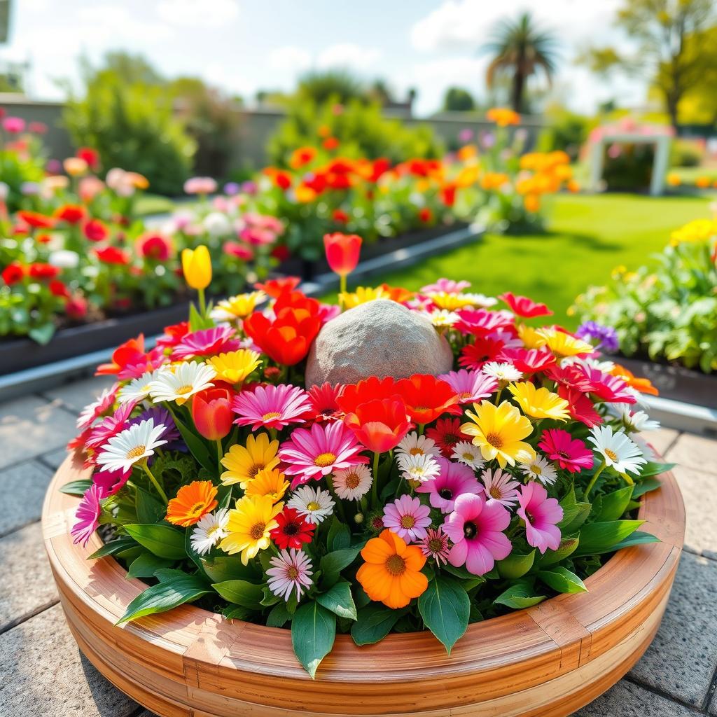 A beautifully designed small flower bed featuring an array of vibrant flowers including tulips, daisies, and petunias, artfully arranged in a circular pattern