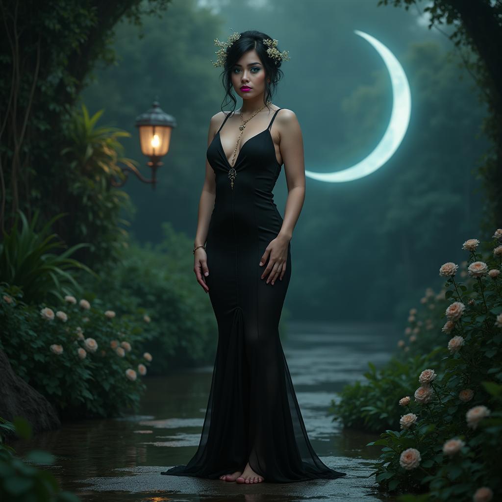 A full-length image of a beautiful, innocent 18-year-old BBW white girl with delicate flowers in her black hair styled in an elegant updo