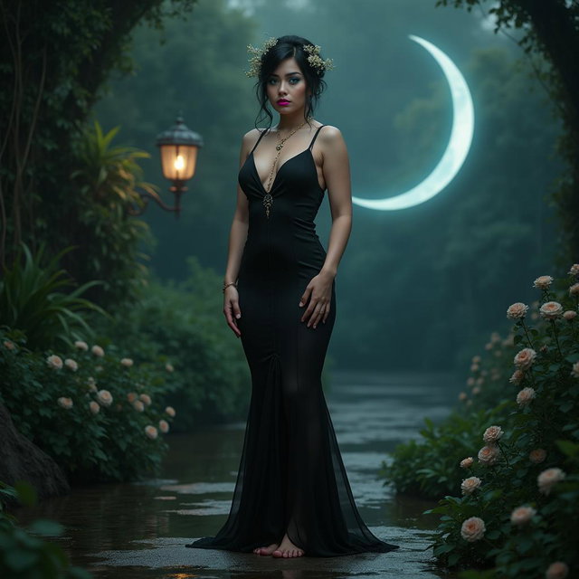 A full-length image of a beautiful, innocent 18-year-old BBW white girl with delicate flowers in her black hair styled in an elegant updo