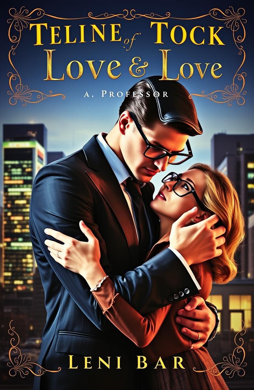 A captivating book cover featuring a handsome spy and a sophisticated professor with glasses, both intertwined in a romantic embrace