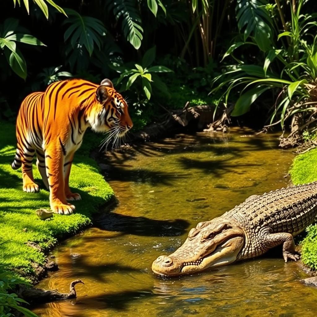 A majestic tiger and a fierce crocodile are positioned opposite each other, separated by a small, clear stream glistening under the sunlight