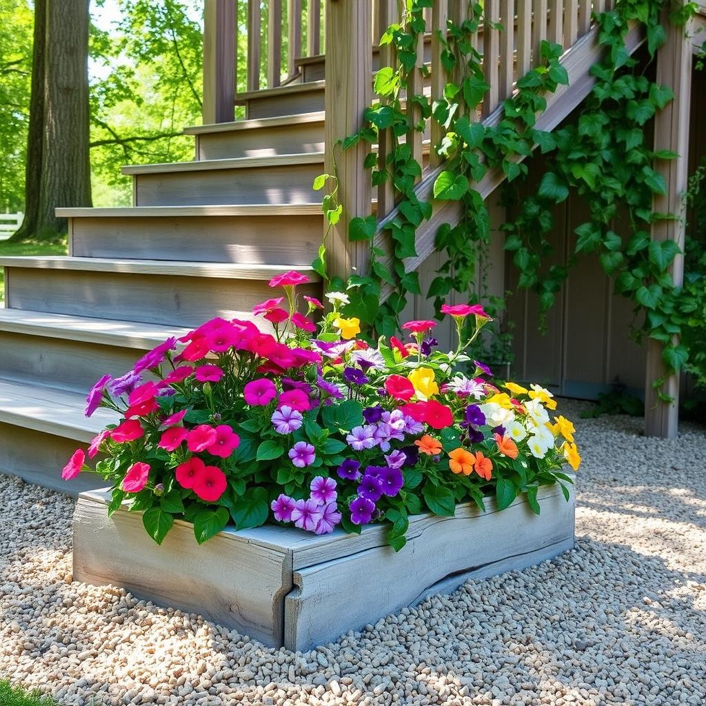 A picturesque small flower bed designed elegantly near a set of rustic wooden stairs