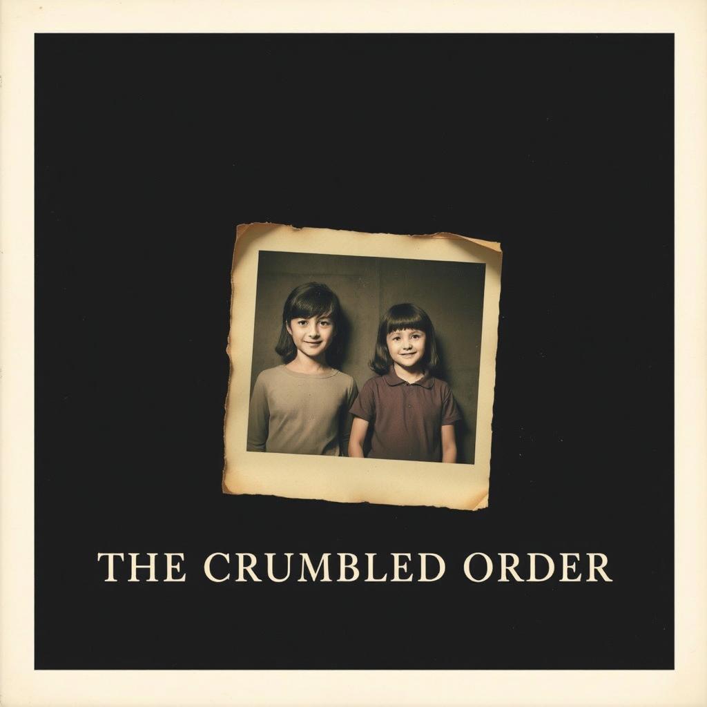 A book cover for 'THE CRUMBLED ORDER' by Yuki, showcasing a completely dark room illuminated only by an old, faded photograph, likely captured with an vintage camera