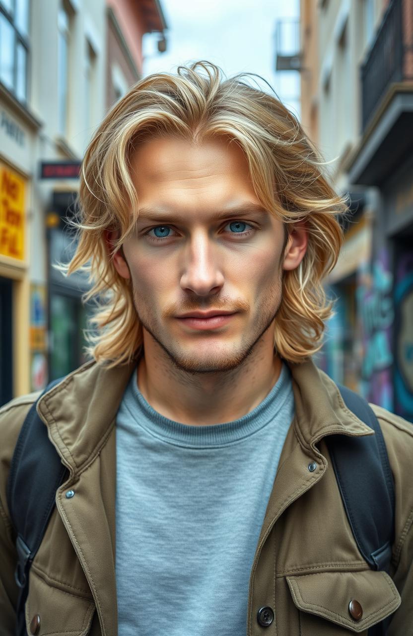 A tall 43-year-old man with medium length wavy honey-blond hair and striking sky blue eyes