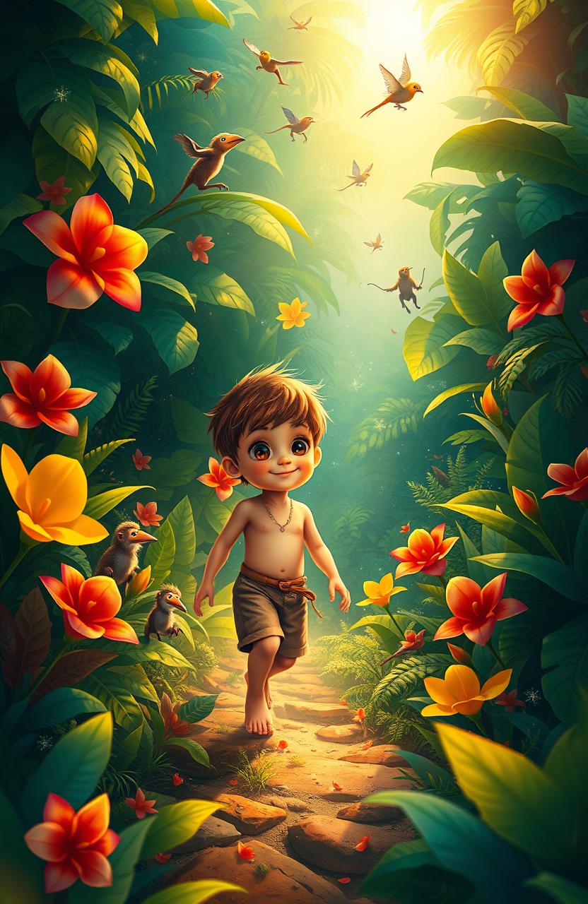An imaginative and artistic interpretation inspired by 'Memórias do Menino dos Pés Vermelhos', featuring a young boy with bright red feet, wandering through a vibrant, colorful jungle