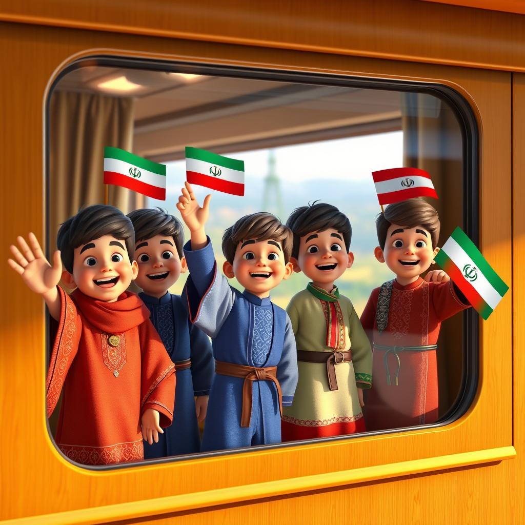 A vibrant 3D scene featuring several boys, each dressed in traditional clothing from different Iranian ethnic groups, joyfully waving from a train window