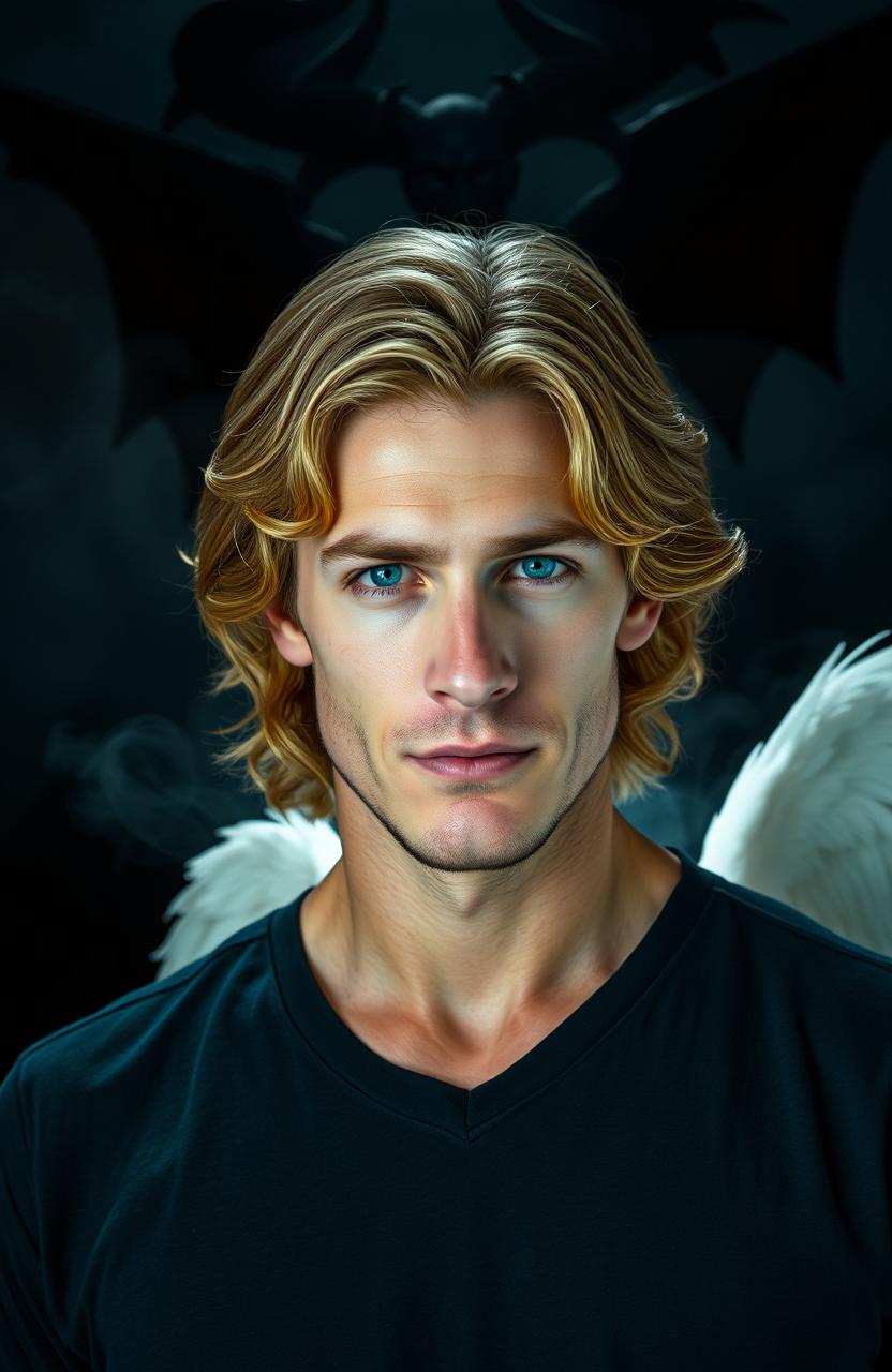 A tall, 43-year-old man with medium-length wavy honey blonde hair and striking sky blue eyes, exuding an angelic appearance juxtaposed by a dark, sinister aura