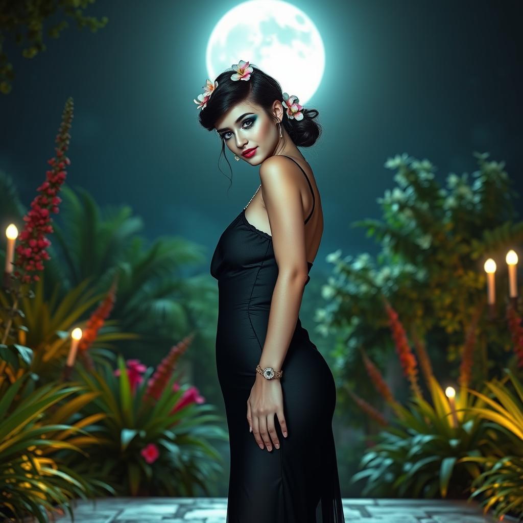 A full-length image of a beautiful, innocent 18-year-old BBW white girl with delicate flowers in her black hair styled in an elegant updo