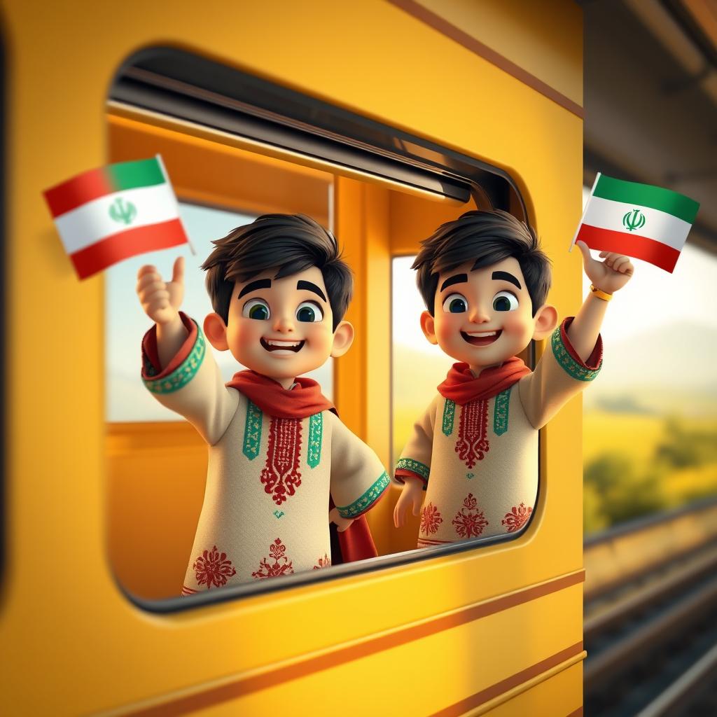 A charming 3D scene featuring two boys named Ali and Nik, dressed in traditional Iranian Kurdish ethnic clothing, joyfully waving from a train window