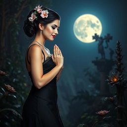 A full-length portrait of a beautiful, innocent 18-year-old BBW white woman with delicate flowers adorning her black hair styled in an elegant updo