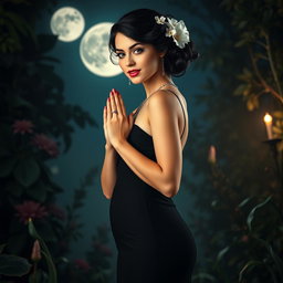 A full-length portrait of a beautiful, innocent 18-year-old BBW white woman with delicate flowers adorning her black hair styled in an elegant updo