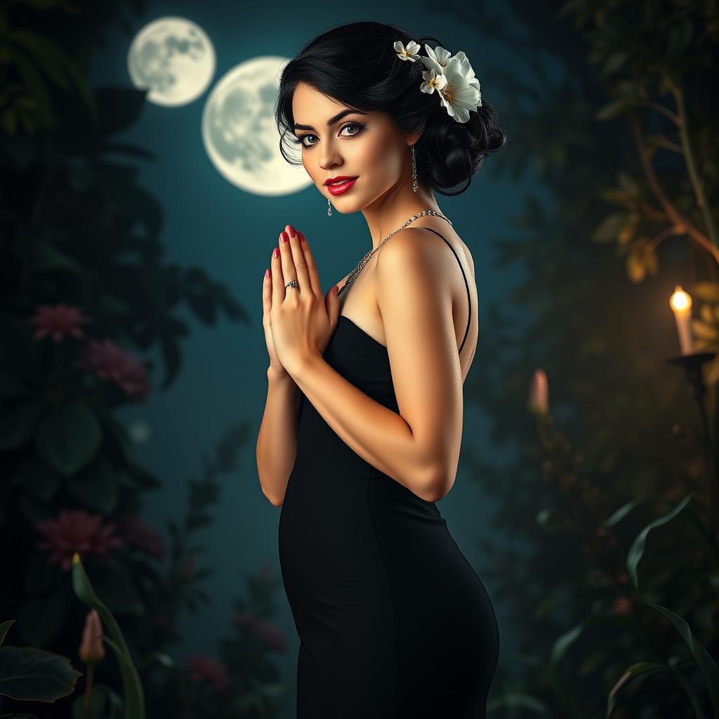 A full-length portrait of a beautiful, innocent 18-year-old BBW white woman with delicate flowers adorning her black hair styled in an elegant updo