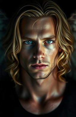A tall, 43-year-old man with medium-length, wavy honey blonde hair and striking sky blue eyes that have a hypnotic quality