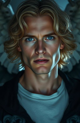 A tall, 43-year-old man with medium-length, wavy honey blonde hair and striking sky blue eyes that have a hypnotic quality