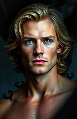 A tall, 43-year-old man with medium-length, wavy honey blonde hair and striking sky blue eyes that have a hypnotic quality
