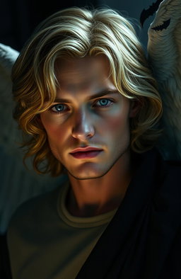 A tall, 43-year-old man with medium-length, wavy honey blonde hair and striking sky blue eyes that have a hypnotic quality
