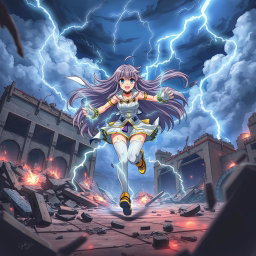 An exhilarating scene of an anime girl with striking lighting powers, depicted in mid-run across the wreckage of a destroyed building