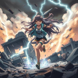 An exhilarating scene of an anime girl with striking lighting powers, depicted in mid-run across the wreckage of a destroyed building