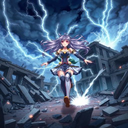 An exhilarating scene of an anime girl with striking lighting powers, depicted in mid-run across the wreckage of a destroyed building