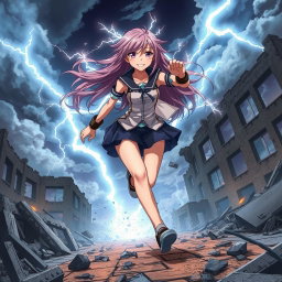 An exhilarating scene of an anime girl with striking lighting powers, depicted in mid-run across the wreckage of a destroyed building