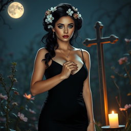 A full-length portrait of a beautiful, innocent 18-year-old BBW white woman with delicate flowers adorning her black hair styled in an elegant updo, featuring a somber expression on her face