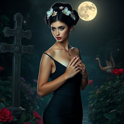 A full-length portrait of a beautiful, innocent 18-year-old BBW white woman with delicate flowers adorning her black hair styled in an elegant updo, featuring a somber expression on her face