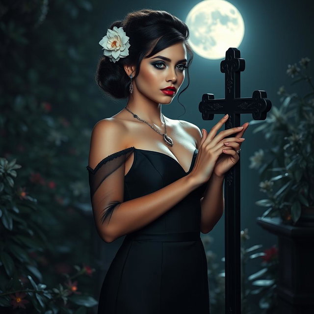 A full-length portrait of a beautiful, innocent 18-year-old BBW white woman with delicate flowers adorning her black hair styled in an elegant updo, featuring a somber expression on her face