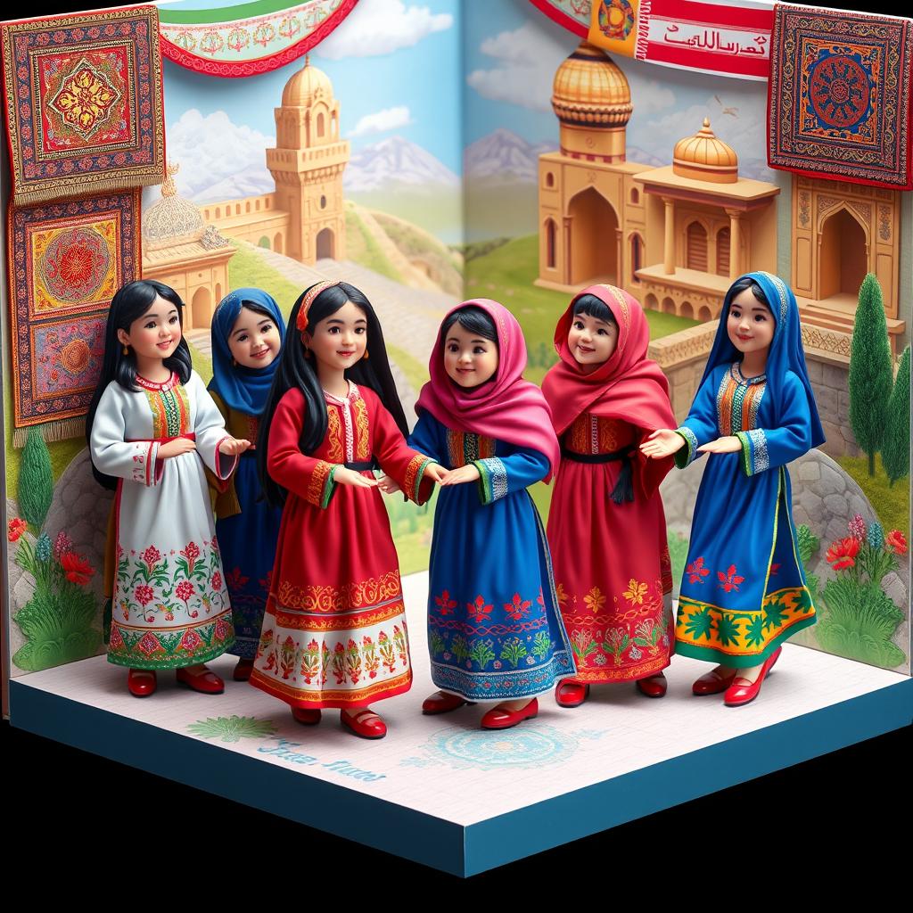 A vibrant three-dimensional scene showcasing the cultural unity of Iranian girls, dressed in traditional colorful Iranian attire, beautifully embroidered and adorned with intricate patterns